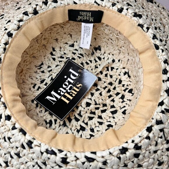 NWT Magid Hats Black & Neutral Straw Crochet Wide Brim Sun Summer Floppy Hat - Picture 9 of 12